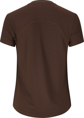 Rückansicht eines braunen T-Shirts mit kurzen Ärmeln und Schultersteppung. Rückansicht eines braunen T-Shirts mit kurzen Ärmeln und Schultersteppung.