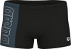 Schwarze Badehose mit Arena-Logo an der Seite und kleinem Logo am Oberschenkel.