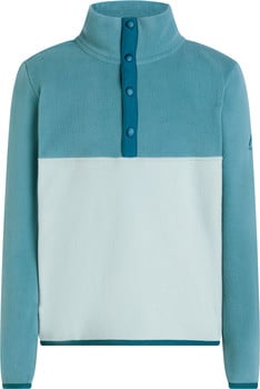 Blaue Fleecejacke mit Druckknopfleiste und Farbblockdesign.