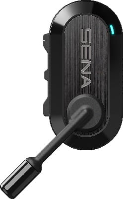 Ein schwarzes Sena-Headset mit Mikrofon und blauer LED. Ein schwarzes Sena-Headset mit Mikrofon und blauer LED.