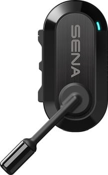 Ein schwarzes Sena-Headset mit Mikrofon und blauer LED.