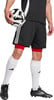 Ein Fußballer hält einen Ball, trägt schwarze Shorts, rote Unterhosen und weiße Socken.