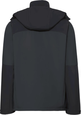 Rückansicht einer dunklen Herrenjacke mit Kapuze und Kontrastpaneelen. Rückansicht einer dunklen Herrenjacke mit Kapuze und Kontrastpaneelen.
