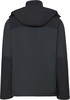 Rückansicht einer dunklen Herrenjacke mit Kapuze und Kontrastpaneelen.