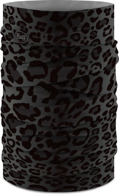 Grauer Schlauchschal mit schwarzem Leopardenmuster und Buff-Logo. Grauer Schlauchschal mit schwarzem Leopardenmuster und Buff-Logo.