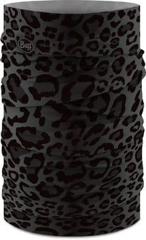 Grauer Schlauchschal mit schwarzem Leopardenmuster und Buff-Logo.