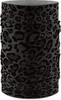 Grauer Schlauchschal mit schwarzem Leopardenmuster und Buff-Logo.