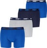 Vier Puma Boxershorts für Herren in Blau- und Grautönen mit Markenlogo.
