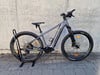 Graues Mountain-E-Bike auf einem Ständer vor einer Wand.