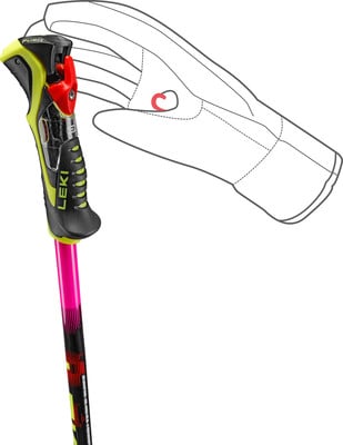 Ein Skistock mit Griff und Schlaufe, mit einer Skizze einer Hand im Handschuh. Ein Skistock mit Griff und Schlaufe, mit einer Skizze einer Hand im Handschuh.