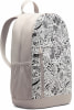 Grauer Rucksack mit weißem Aufdruck voller Cartoons, Aliens und Schriftzügen.