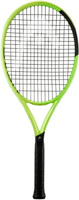 Grüner HEAD Tennisschläger mit schwarzem Griffband und schwarzen Akzenten. Grüner HEAD Tennisschläger mit schwarzem Griffband und schwarzen Akzenten.