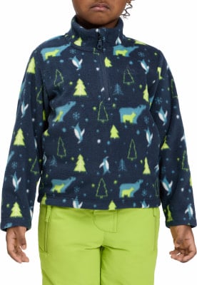 Kinder dunkelblaues Fleece-Sweatshirt mit winterlichem Aufdruck von Bären und Pinguinen. Kinder dunkelblaues Fleece-Sweatshirt mit winterlichem Aufdruck von Bären und Pinguinen.