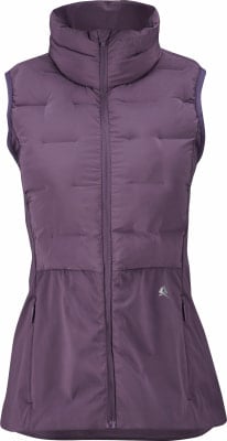 Violette Damen-Daunenweste mit hohem Kragen und Reißverschluss.