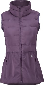 Violette Damen-Daunenweste mit hohem Kragen und Reißverschluss.