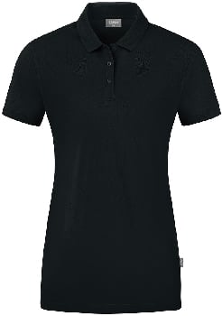 Schwarzes Damen-Poloshirt mit kurzen Ärmeln und Kragen.