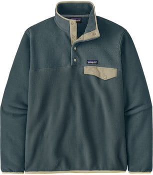Grauer Patagonia Fleece-Pullover mit beigem Kragen und Tasche.
