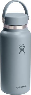 Graue Hydro Flask-Flasche mit Griff und Logo. Graue Hydro Flask-Flasche mit Griff und Logo.