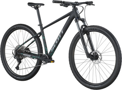 Schwarzes Scott Mountainbike mit Vorderradgabel und grünen Details am Rahmen.