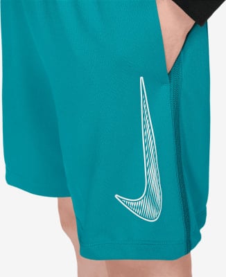 Blaue Nike Shorts mit weißem Logo.