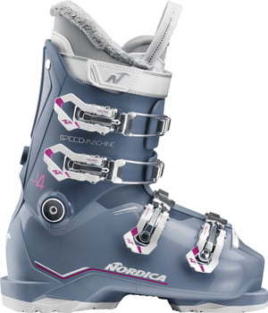 Ein blauer Nordica Speedmachine J4 Skischuh mit lila Akzenten und weißen Schnallen.