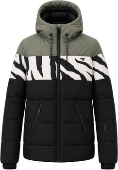 Grüne Jacke mit schwarz-weißem Zebramuster und schwarzem unteren Teil.