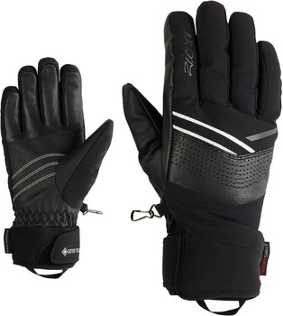 Schwarze Skihandschuhe mit Gore-Tex-Logo und verstärkter Handfläche.