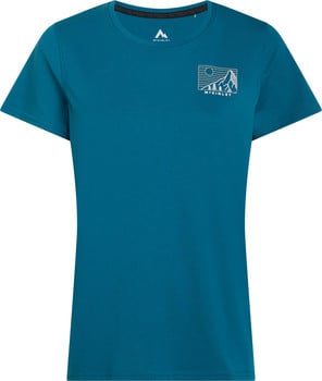 Blaues T-Shirt mit kurzen Ärmeln und Berg-/Sonnenmotiv.