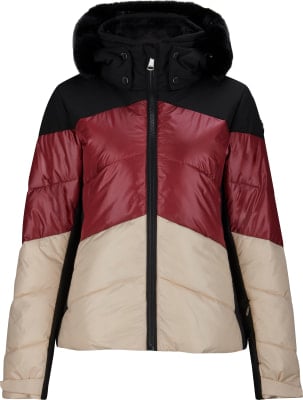Eine mehrfarbige Daunenjacke in Schwarz, Weinrot und Beige mit Pelzbesatz an der Kapuze. Eine mehrfarbige Daunenjacke in Schwarz, Weinrot und Beige mit Pelzbesatz an der Kapuze.