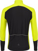 Rückseite einer gelben Fahrradjacke mit schwarzen Einsätzen und Taschen.