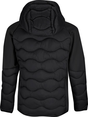 Schwarze Daunenjacke mit Kapuze und wellenförmiger Steppung am Rücken.