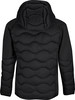 Schwarze Daunenjacke mit Kapuze und wellenförmiger Steppung am Rücken.