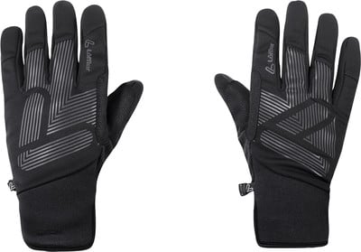 Schwarze Handschuhe mit reflektierenden Streifen und Löffler-Logo auf der Handfläche. Schwarze Handschuhe mit reflektierenden Streifen und Löffler-Logo auf der Handfläche.