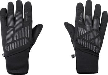 Schwarze Handschuhe mit reflektierenden Streifen und Löffler-Logo auf der Handfläche.