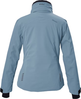 Rückansicht einer blauen Killtec-Damenjacke mit Logo und Reflektoren. Rückansicht einer blauen Killtec-Damenjacke mit Logo und Reflektoren.