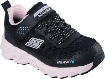 Schwarzer wasserdichter Skechers Kinderschuh mit rosa Sohle und Klettverschluss. Schwarzer wasserdichter Skechers Kinderschuh mit rosa Sohle und Klettverschluss.