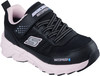 Schwarzer wasserdichter Skechers Kinderschuh mit rosa Sohle und Klettverschluss.