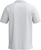 Rückansicht eines weißen Kurzarm-Poloshirts mit Kragen.