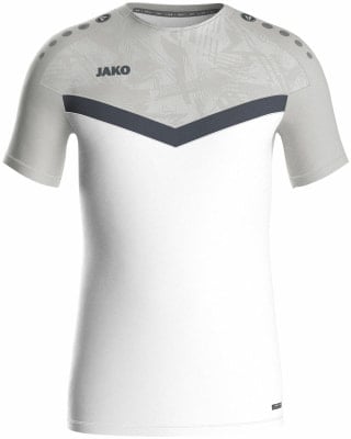 Weißes JAKO Herren T-Shirt mit grauem Muster und dunkelblauem Streifen.