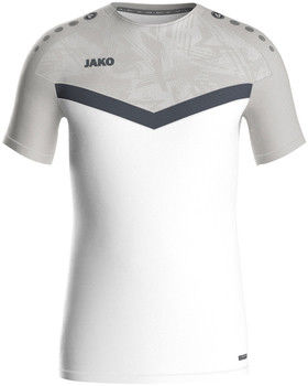 Weißes JAKO Herren T-Shirt mit grauem Muster und dunkelblauem Streifen.