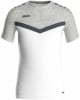 Weißes JAKO Herren T-Shirt mit grauem Muster und dunkelblauem Streifen.