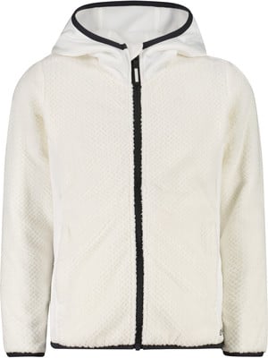 Beige Fleecejacke mit Kapuze und schwarzem Reißverschluss, mit gestepptem Muster.