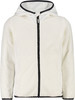 Beige Fleecejacke mit Kapuze und schwarzem Reißverschluss, mit gestepptem Muster.