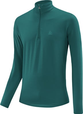 Grüner Herrenpullover mit langen Ärmeln und Reißverschluss am Kragen.