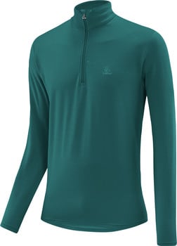Grüner Herrenpullover mit langen Ärmeln und Reißverschluss am Kragen.