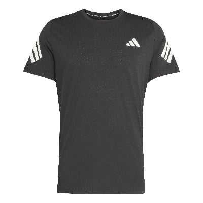 Fekete Adidas póló fehér logóval és csíkokkal az ujjakon. Fekete Adidas póló fehér logóval és csíkokkal az ujjakon.
