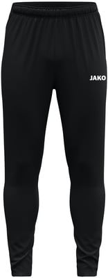 Schwarze Sporthose mit weißem JAKO-Logo am rechten Bein. Schwarze Sporthose mit weißem JAKO-Logo am rechten Bein.