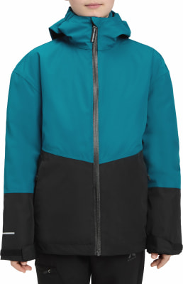 Blaue und schwarze Kinder-Winterjacke mit Kapuze und durchgehendem Reißverschluss.