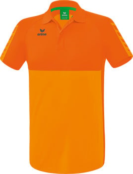 Orange Polohemd mit dunklerem orangefarbenen Streifen und grünem Kragen.