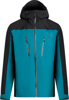 Blaue Herrenjacke mit schwarzer Kapuze und Ärmeln, mit Reißverschlüssen.